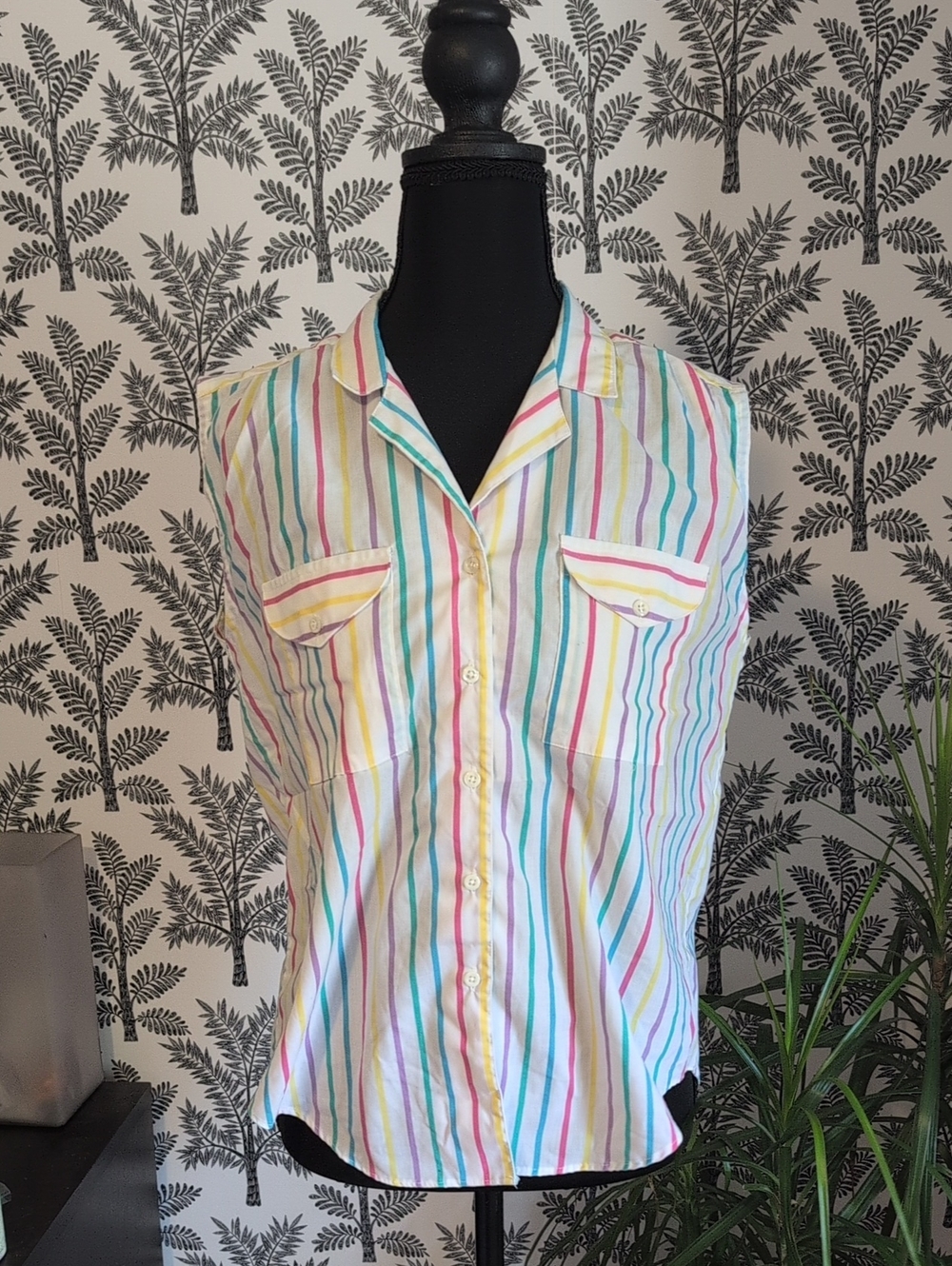 Hunters Glen Vintage Sleeveless Multi-Color Stripe Button-Up Shirt